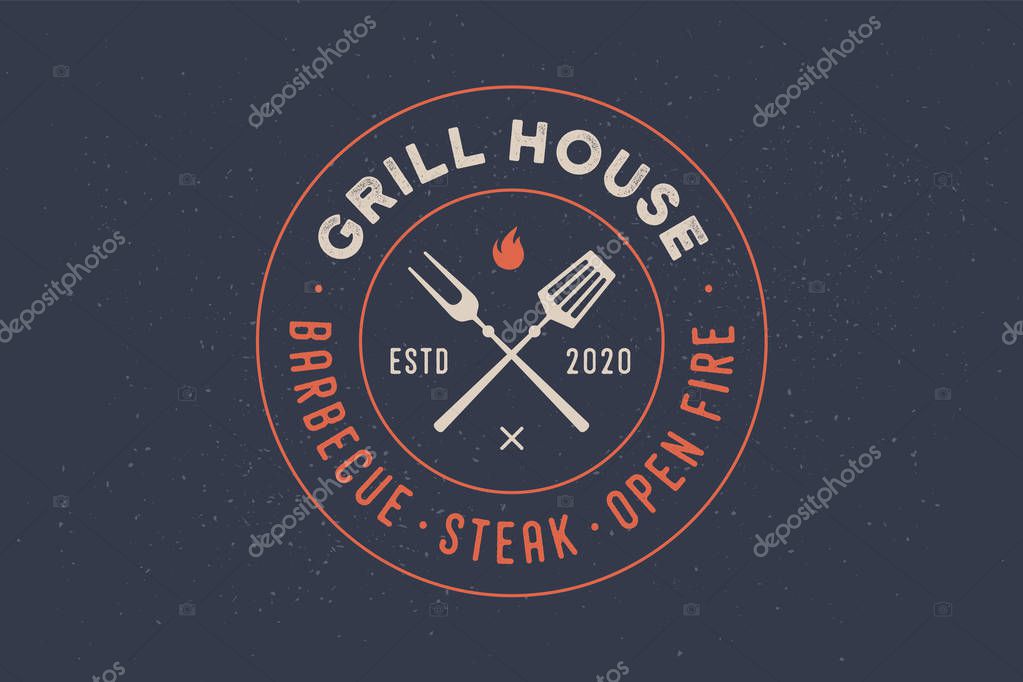 Logo for Grill House restaurant with grill fork, text typographic Grill House, Barbecue, Steak, Open Fire. Graphic template for restaurant, bar, cafe, food court and menu, label. Vector Illustration