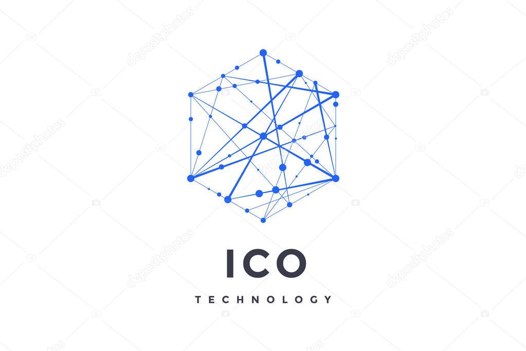 Logo for blockchain technology. Hexagon with connected lines for logo, brand, label, emblem, branding of smart contract block symbol. Design for decentralized transactions. Vector Illustration