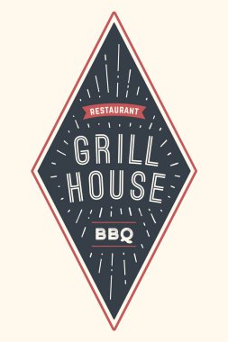 Logo şablonu Barbekü ızgara et Restaurant ızgara semboller, metin Grill House, Barbekü, Restaurant. Marka et iş veya tasarım - menü, poster, afiş, etiket grafik şablonu. Vektör çizim