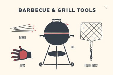 Barbekü ızgara kümesi. Poster Barbekü diyagram ve düzeni - Barbekü ızgara araçları. Barbekü şeyler, Webber Grill, dizi araçları et lokantası, Restoran, mutfak poster için. Elle çizilmiş. Vektör çizim
