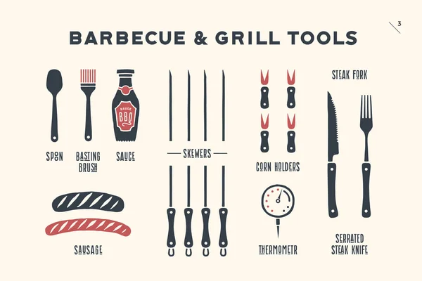 Barbecue Barbecue Affiche Diagramme Bbq Schéma Outils Barbecue Grill Ensemble — Image vectorielle