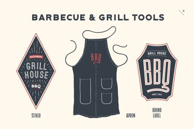 Barbekü ızgara kümesi. Poster Barbekü diyagram ve düzeni - Barbekü ızgara araçları. Barbekü şeyler, önlük, logo, marka etiketi et mangal Lokantası, Restoran, mutfak poster kümesi. Elle çizilmiş. Vektör çizim