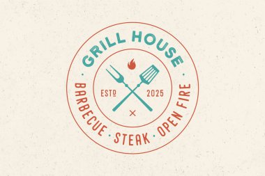 Izgara çatallı Grill House Logosu, Tipografik Izgara Evi, Barbekü, Biftek, Açık Ateş. Grafik şablon logosu, etiket, logoti, restoran, bar, menü markası. Görüntü