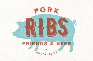 Domuz, domuz. Vintage logo, retro baskı, poster ile metin, tipografi domuz, kasaplık et alışveriş için kaburga, Restoran, domuz siluet. Restoran, et iş logo şablonu. Vektör çizim