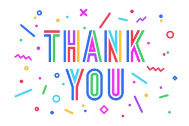 Teşekkür ederiz. Şükran günü için tebrik kartı, afiş, poster ve etiket kavramı, memphis geometrik tarzı ile metin teşekkür ederim. Yazı kartı, davetiye, web afiş. Vektör çizim