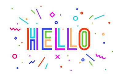Merhaba. Afiş, konuşma balonu, poster ve etiket kavramı, memphis geometrik Hello metnini stiliyle. Merhaba bulut mesaj simge konuşmak afiş, poster, web için. Beyaz arka plan. Vektör çizim