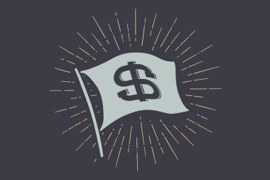 Bayrak doları. Eski okul bayrak afiş işareti usd, sembolü Amerikan doları ile. Dolar ABD, Doğrusal çizim ışık ışınları, kuvvetli güneş ışığı ve güneş ışınlarının vintage tarzı bayrak şeridi. Vektör çizim