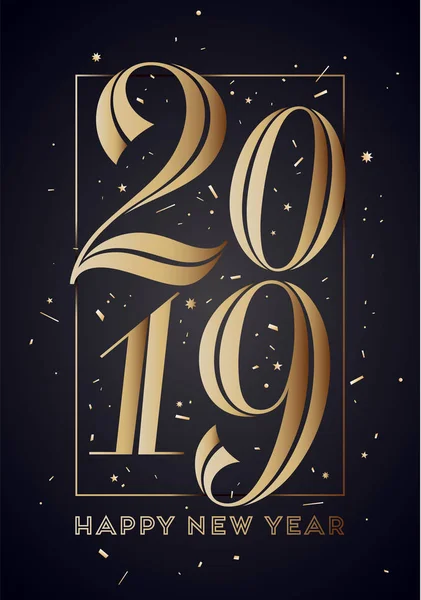 2019. mutlu yeni yıl. Tebrik kartı ile yazıt mutlu yeni yıl 2019. Mutlu yeni yıl ya da neşeli Noel Tema için moda stil. Tatil arka plan, afiş, kartı ve poster. Vektör çizim