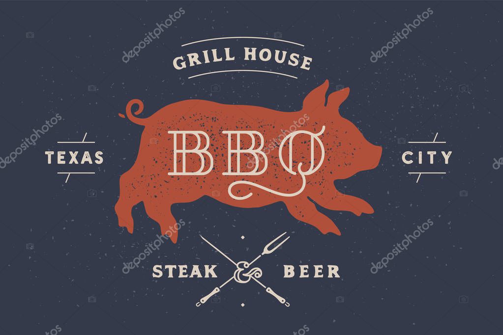 Piggy, pig, pork. Vintage label, logo, print sticker for Meat Restaurant, butchery meat shop poster with text, typography BBQ, Steak Beer, grill house. Piggy or pig silhouette. Vector Illustration