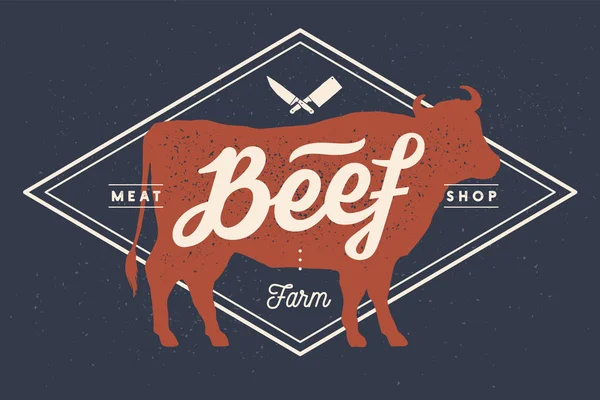 Cow Bull Beef Vintage Lettering Retro Print Poster Butchery Meat — Stock Vector