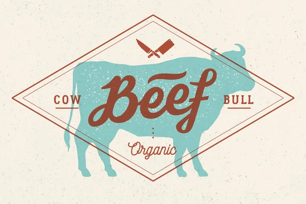 Cow Bull Beef Vintage Lettering Retro Print Poster Butchery Meat — Stock Vector