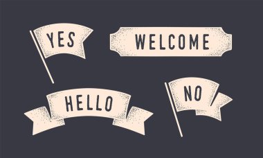 Vintage grafik kümesi. Tasarım öğeleri, Doğrusal çizim, vintage hippi tarzı. Bayrak, kurdele, banner, öğeleri metin Evet, Merhaba, Merhaba stil. Vintage retro grafik kümesi. Vektör çizim