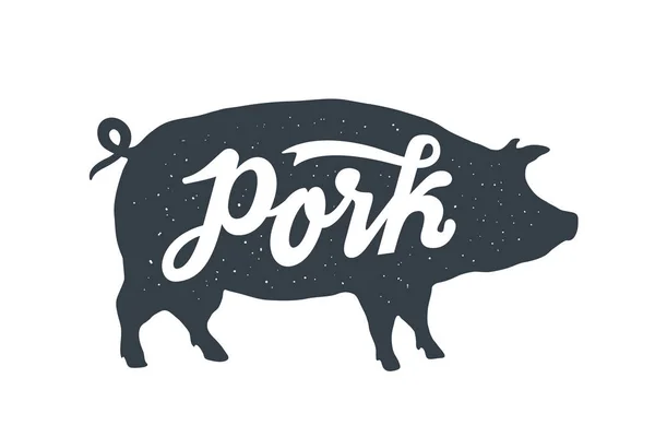 Cerdo Cerdo Letras Vintage Impresión Retro Póster Para Carnicería Silueta — Vector de stock
