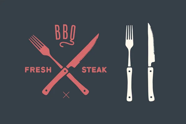 Hús Vágó Kések Villák Beállítása Steak Hentes Grillezési Kellékek Poszter — Stock Vector