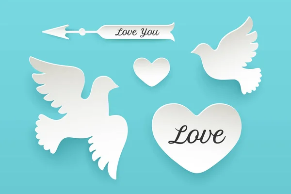 Ensemble Objets Papier Coeur Colombe Pigeon Flèche Avec Ombre Symboles — Image vectorielle