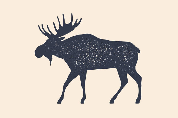 Moose, wild deer. Concept design of farm animals - Moose side view profile. Isolated black silhouette moose or wild deer on white background. Vintage retro print, poster, icon. Vector Illustration