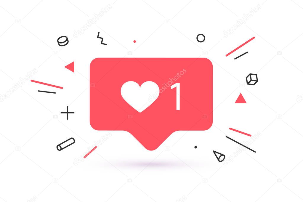 Notifications icon Like, speech bubble. Like icon with heart, one like and shadow for social network on red background. Speech bubble, poster and sticker concept for banner, web. Vector Illustration