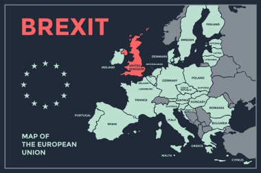 Brexit. Ülke isimleri ile Avrupa Birliği poster haritası. Web ve matbaacılık, iş, ekonomik, politik, Brexit ve Coğrafya temaları için AB 'nin haritasını yazdırın. Vektör Illustration
