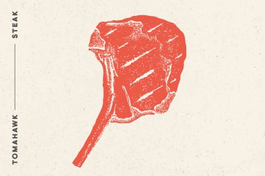 Biftek, Tomahawk. Biftek silüeti, metin Tomahawk, Steak ile poster. Et iş-dükkan, Pazar, Restoran veya tasarım-banner, sticker, menü için logo tipografi şablonu. Vektör Illustration