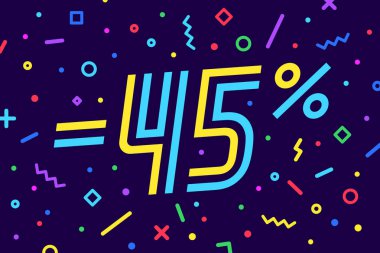 Satış -yüzde 45. İndirim için afiş, satış. Metin -45 yüzde ile geometrik memphis tarzında afiş, el ilanı ve afiş tasarımı. Etiket, satılık web afişi, indirim. Vektör İllüstrasyonu