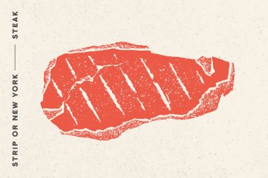 Steak, Strip ya da New York. Biftek silüeti, metin Strip, NY, New York, biftek ile poster. Et iş, dükkan, Pazar, Restoran Menüsü için logo tipografi şablonu. Vektör Illustration