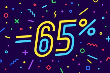 Satış -yüzde 65. İndirim için afiş, satış. Metin -65 yüzde ile geometrik memphis tarzında afiş, el ilanı ve afiş tasarımı. Etiket, satılık web afişi, indirim. Vektör İllüstrasyonu
