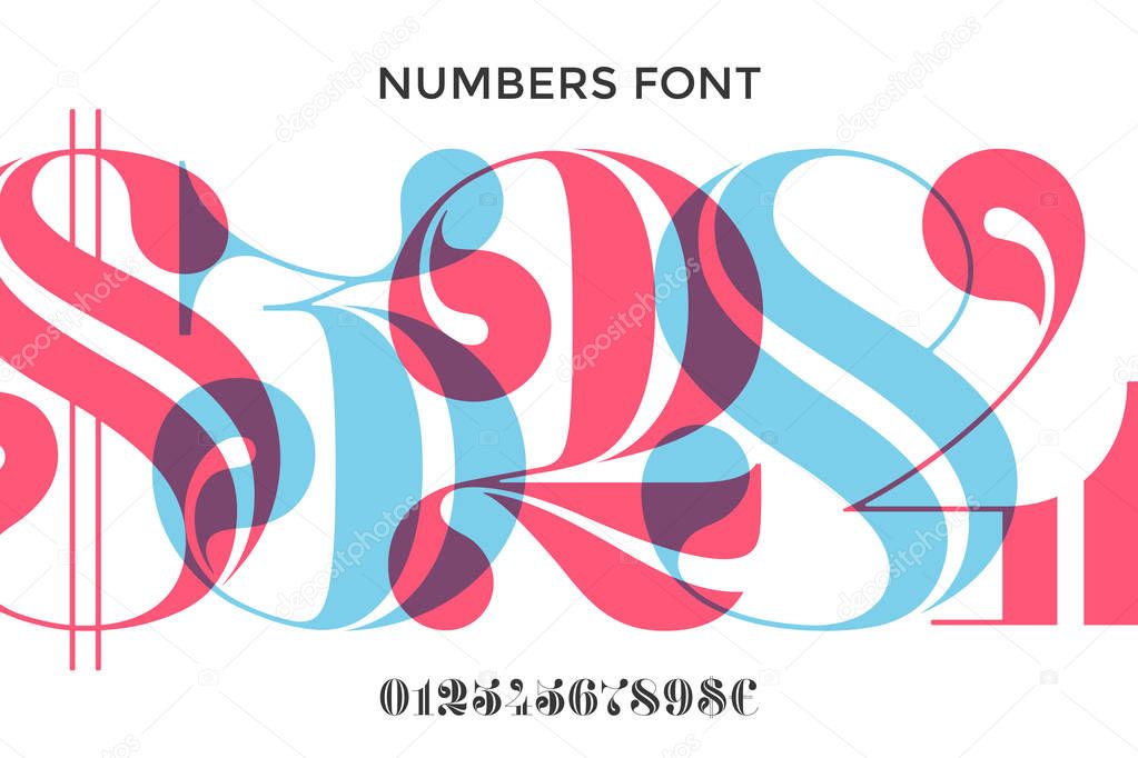 Font of numbers in classical french didot or didone style with contemporary geometric design. Beautiful elegant numeral, dollar and euro symbols. Vintage and retro typographic. Vector Illustration