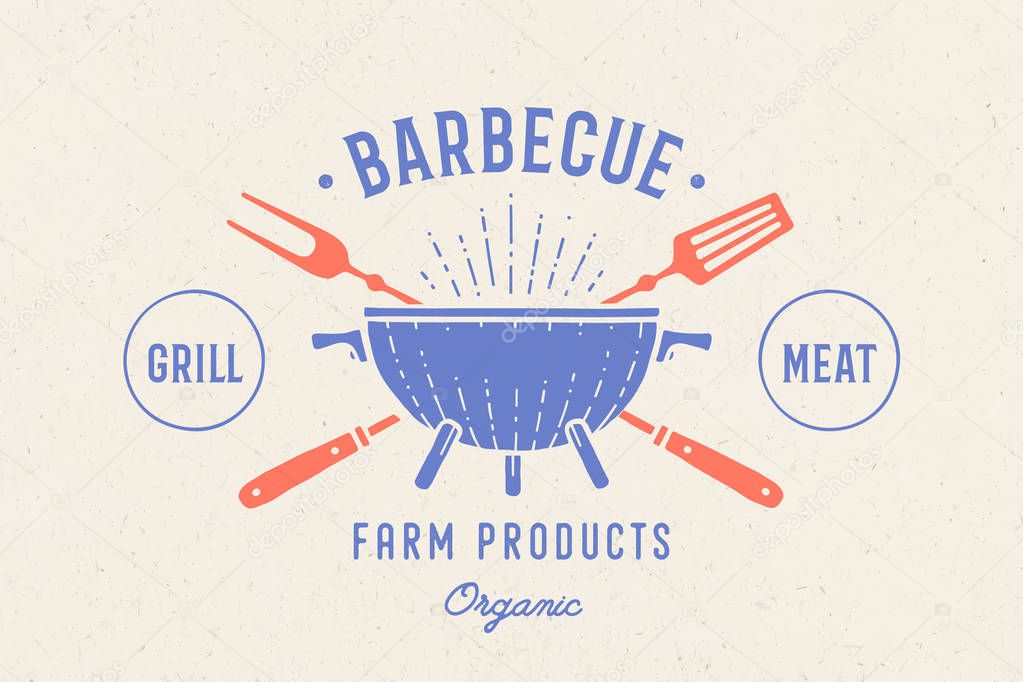 Label or logo for restaurant. Logo with grill, bbq or barbecue, grill fork, text Barbecue, Grill Meat, Farm Products. Graphic template logo of restaurant, bar, cafe, food court. Vector Illustration