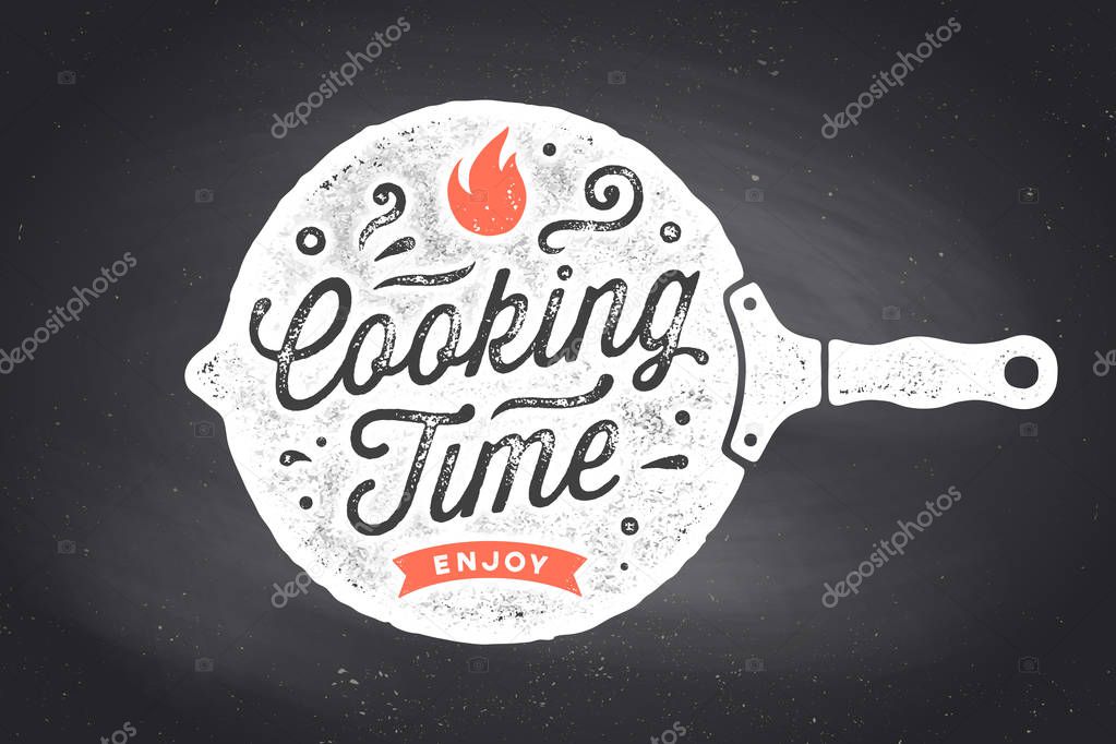 Cooking Time. Kitchen poster. Kitchen wall decor, sign, quote. Poster for kitchen design with frying pan and calligraphy lettering text Cooking Time. Vintage typography. Vector Illustration