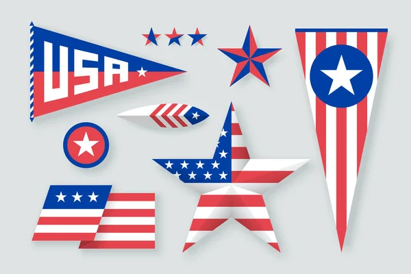 Ustaw Symbole Usa Ikony Gwiazdka Flaga Pióro Vintage Graficzny Projekt — Wektor stockowy