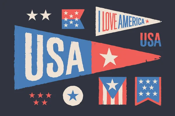Imposta Simboli Usa Vintage Bandiera Grafica Retrò Pennant Stella Segno — Vettoriale Stock