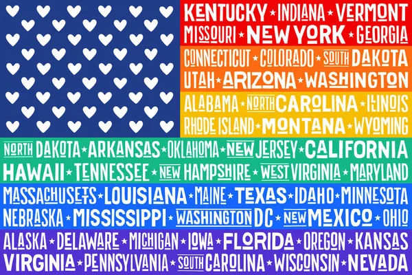 Amerika Birleşik Devletleri bayrak kombinasyonu ile Lgbt gökkuşağı bayrağı kombinasyonu. İsimli gökkuşağı Abd bayrağı t-shirt için baskı devletler, kalpler. Elle çizilmiş harfler, tipografik. Vektör İllüstrasyonu