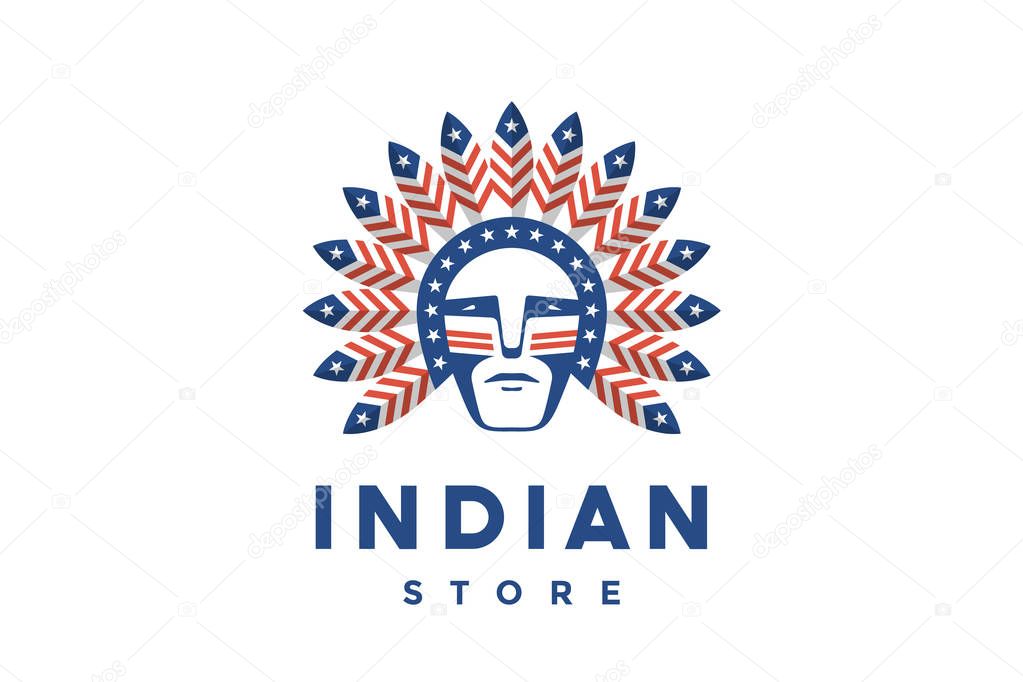 Icon of American man with Indian chief feathers on the head and inscription Idian. Label, logo, brand for indian theme. Symbols and design elements for United States of America. Vector Illustration