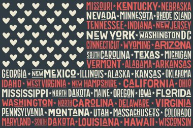 Amerika Birleşik Devletleri bayrağının posteri ve başkent Washington, D.C.. İsim eyaletleri ve başkent ile Abd bayrağı t-shirt için baskı. Vintage tipografik elle çizilmiş. Vektör İllüstrasyonu
