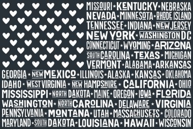 Amerika Birleşik Devletleri bayrağının posteri ve başkent Washington, D.C.. İsimler devletler ve başkent, kalpler ile Abd bayrağı t-shirt için baskı. Vintage tipografik. Vektör İllüstrasyonu