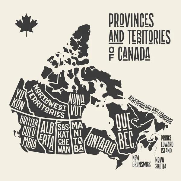 Kaart Canada Poster Kaart Van Provincies Territoria Van Canada Zwart — Stockvector