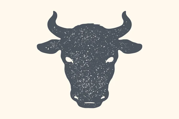 ヴィンテージレトロプリント ポスター バナー ブッチェリー肉屋の黒と白のシルエット牛の頭 孤立したシルエット牛頭 肉のテーマ ベクトルイラストレーション — ストックベクタ