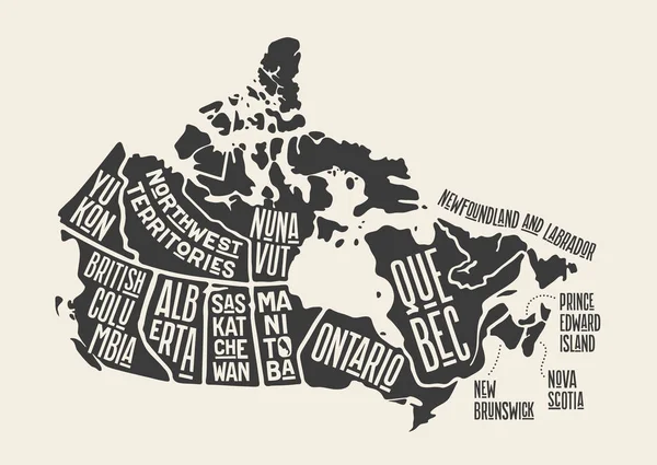 加拿大地图 加拿大各省和地区的海报地图 加拿大的黑白打印地图 海报或地理主题 手绘黑色地图与各省 矢量插图 — 图库矢量图片