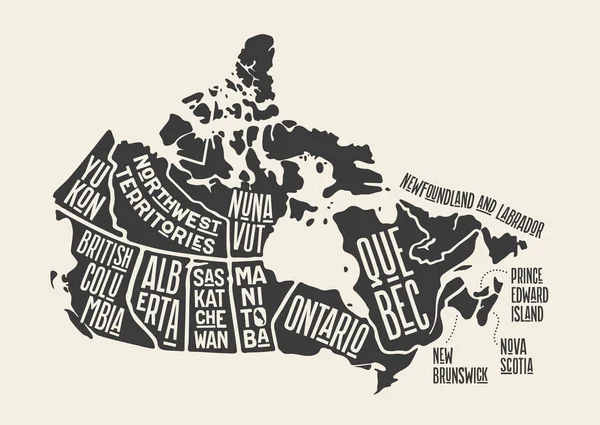 Mapa Canadá Mapa Carteles Provincias Territorios Canadá Impresión Blanco Negro — Vector de stock