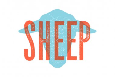 Koyun. Vintage tipografi, yazı, retro baskı, Kasaplık et dükkanı için poster, yazı metin Koyun ile koyun baş silueti. İzole siluet koyun baş, et teması. Vektör İllüstrasyonu