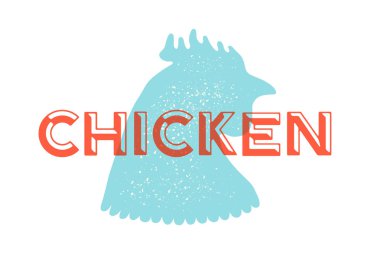 Tavuk, kümes hayvanları. Vintage logosu, retro baskı, metin tipografi Tavuk, tavuk veya tavuk silueti ile Kasaplık et dükkanı için poster. Etiket şablonu et tavuk. Vektör İllüstrasyonu