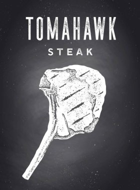 Biftek, Tebeşir tahtası. Biftek siluetli poster, metin Tomahawk, Biftek. Et iş için Tipografi mutfak posterşablonu - dükkan, pazar, restoran, menü. Tebeşir tahtası arka planı. Vektör İllüstrasyonu
