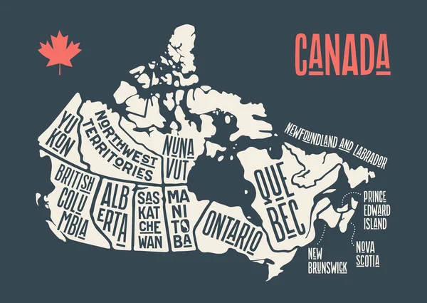 Kaart Canada Poster Kaart Van Provincies Territoria Van Canada Zwart — Stockvector