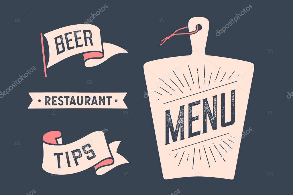 Set vintage graphic and typography. Cutting board with calligraphy lettering text Daily Menu, ribbon Restaurant, Beer. Wall decor, poster, sign, kitchen design. Vintage typography. Vector Illustration