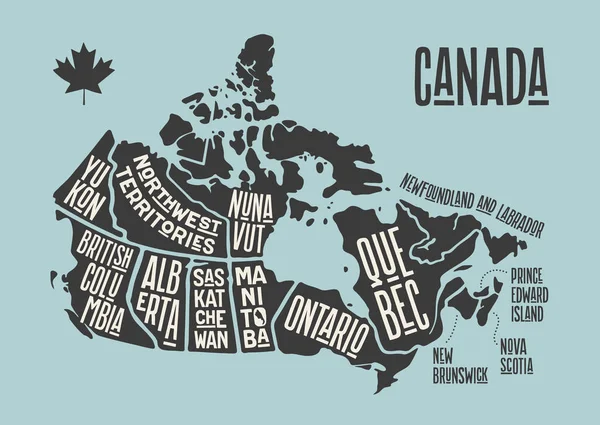 Mapa Canadá Mapa Carteles Provincias Territorios Canadá Impresión Blanco Negro — Vector de stock