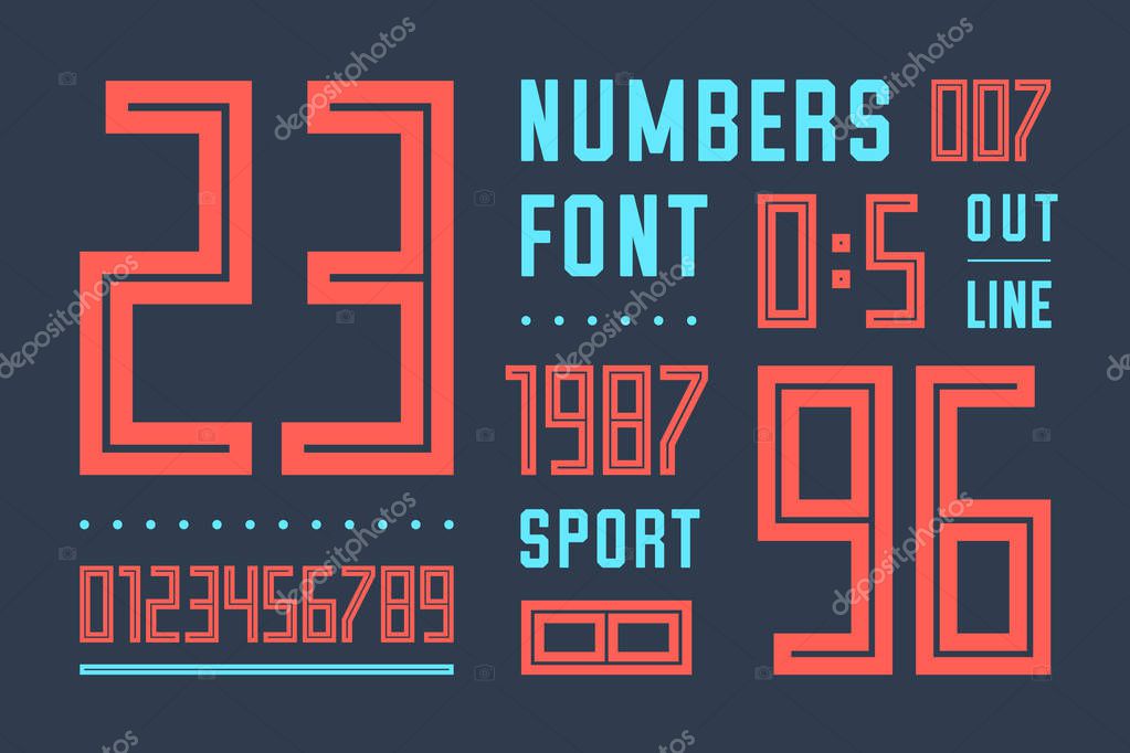 Numbers font. Sport font with numbers and numeric. Geometric Regular bold outline numbers. Strong industrial inline sport font for design, creative typographic, poster. Vector Illustration