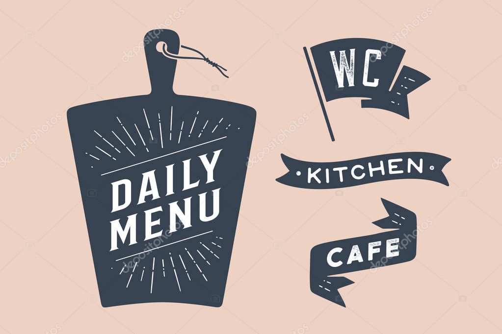 Set vintage graphic and typography. Cutting board with calligraphy lettering text Daily Menu, ribbon Cafe, Kitchen. Wall decor, poster, sign, kitchen design. Vintage typography. Vector Illustration