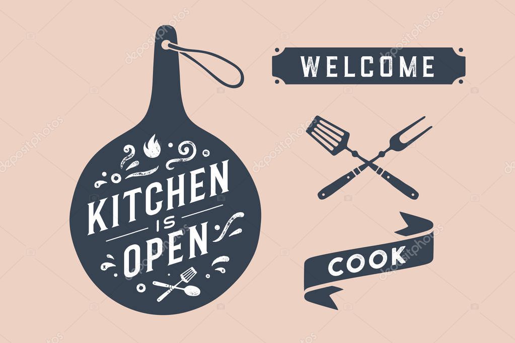 Kitchen Open. Wall decor, poster, sign, quote. Poster for kitchen design with cutting board and calligraphy lettering text Kitchen open, ribbon Cook, Welcome. Vintage typography. Vector Illustration