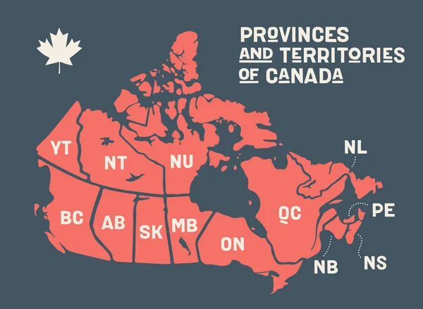 Mapa Canadá. Mapa de carteles de provincias y territorios de Canadá — Vector de stock