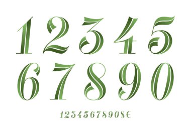Sayılar Font. Eko afiş, poster, tebrik kartı için sayıların klasik geometrik tasarım yazı tipi. Güzel zarif rakam, dolar, euro sembolleri. Vintage ve retro tipografik. Vektör İllüstrasyonu